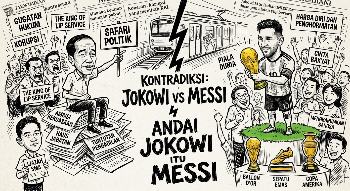 Bekasi - Ilustrasi sketasa Presiden ke-7 Republik Indonesia dan Messi, sang Legenda Sepak Bola dalam bingkai kecil yang menyita perhatian rakyatnya. Foto: AI